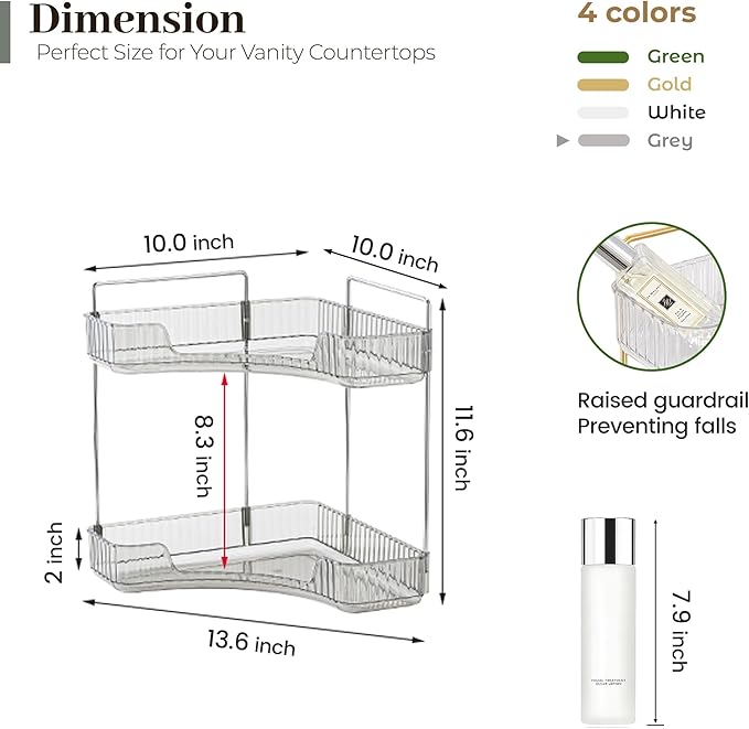 Aveniee Corner Bathroom Counter Organizer, Bathroom Countertop Shelf Makeup Organizer for Vanity Perfume Corner Storage (2 Tiers, Grey)