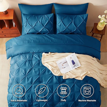 CozyLux Full Size Comforter Sets Teal, 7 Pieces Pintuck Bed in A Bag Teal Comforter Full Size, Pinch Pleat Bedding Sets with All Season Comforter, Sheets, Pillowcases & Shams