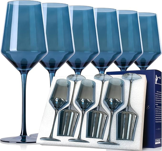 Midnight Blue Wine Glasses Set of 6-15oz Hand Blown Blue Wine Glasses Set for Party Wedding Home Bar