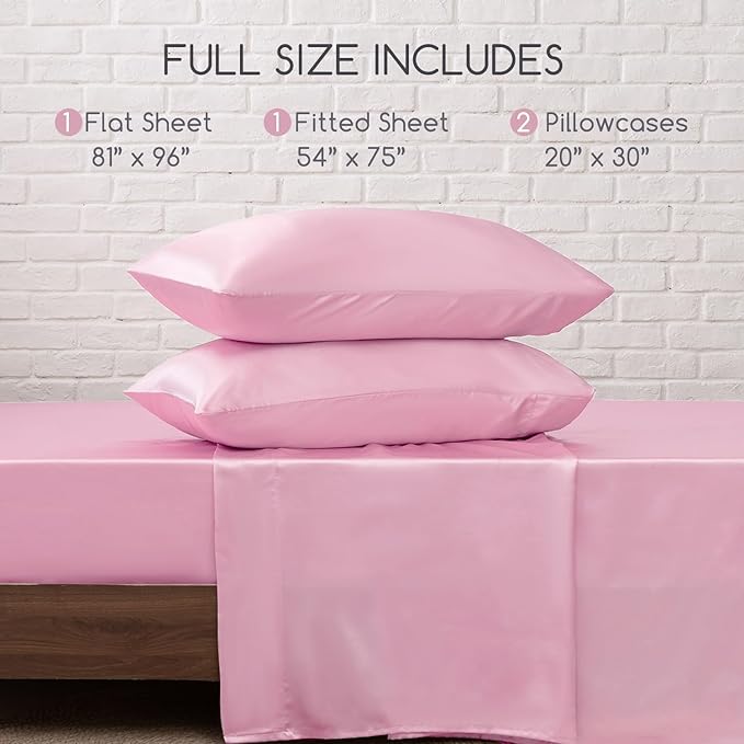 MR&HM Satin Bed Sheets, Full Size Sheets Set, 4 Pcs Silky Bedding Set with 15 Inches Deep Pocket for Mattress (Full, Pink)