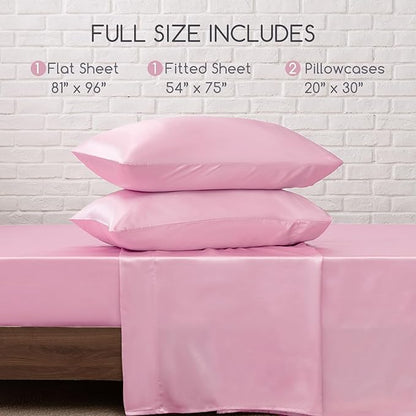 MR&HM Satin Bed Sheets, Full Size Sheets Set, 4 Pcs Silky Bedding Set with 15 Inches Deep Pocket for Mattress (Full, Pink)