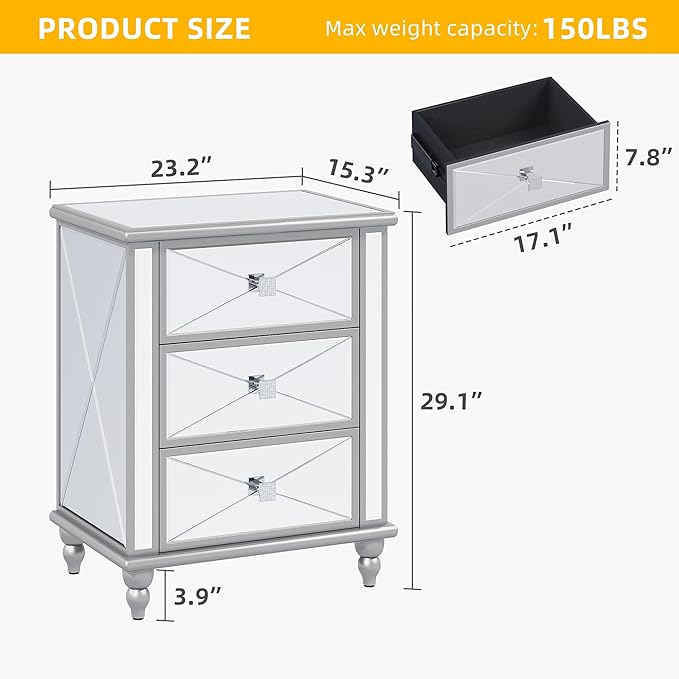DWVO Silver 3 Drawers Dressers-23 Accent Chest with 3 Storage Drawers