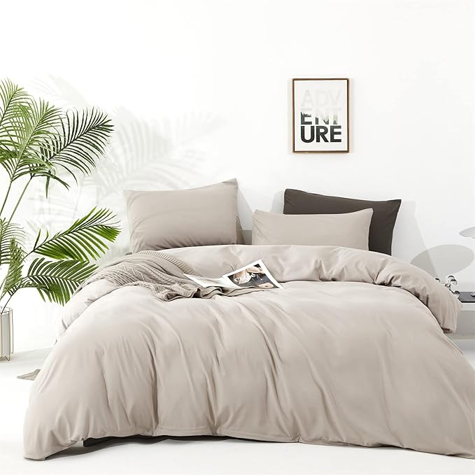 Pureant Beige Khaki Comforter Set King Size Light Khaki Bedding Set 3PCS Solid Oatmeal Comforter Modern Soft Women Men Cream Coffee Bedding Light Taupe King Size Quilts Cotton Champagne Bedding