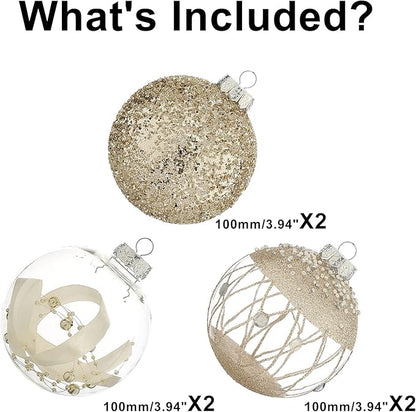 XmasExp Christmas Ball Ornaments Set, Shatterproof Christmastree Decorations,6ct Large Plastic Hanging Ornaments,100mm/4,Champagne Gold