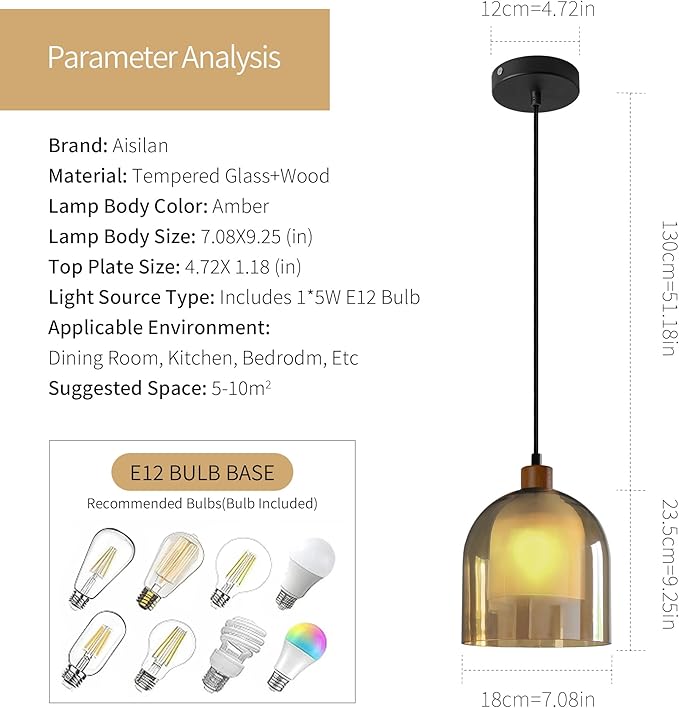 Aisilan Large Gold Pendant Light Fixture Modern Amber 7" Glass Pendant Lights Adjustable Vintage Pendant Light with 5W E12 Bulb Hanging Light Fixture for Kitchen Island Living Room Dining Room