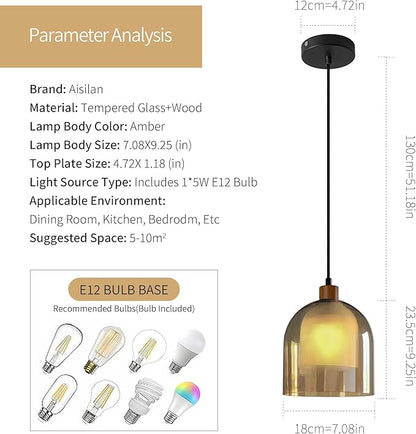 Aisilan Large Gold Pendant Light Fixture Modern Amber 7" Glass Pendant Lights Adjustable Vintage Pendant Light with 5W E12 Bulb Hanging Light Fixture for Kitchen Island Living Room Dining Room