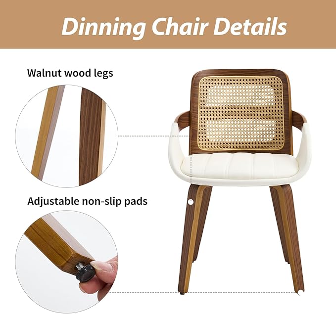 Dining Chairs Set of 2, Mid Century Modern Dining Room Chairs with Arms and Rattan Back PU Leather Upholstered Bentwood Kitchen Chairs for Home Restaurant Office - Beige