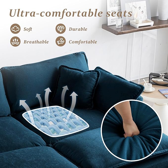 SoarFlash Chenille Sectional Sofa, Comfy Modular Coush Sofa with Ottoman, Modern 2 Seat Recliner Deep Seat Sofa Set for Living Room,Deep Blue