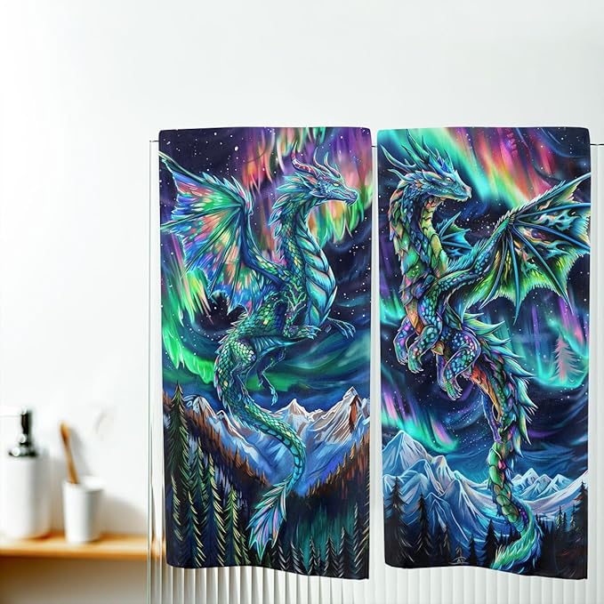 Dragon Kitchen Towels Set of 2 Fantasy Night Sky Mountain Northern Lights Dish Towels Holiday Tabletop Decor Dragon