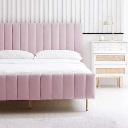 Livinia King Size Elton Velvet Platform Bed, Upholstered Bed Frame with Vertical Channel Tufted Headboard Footboard, Strong Wood Slats, No Box Spring Needed, Pink (King)