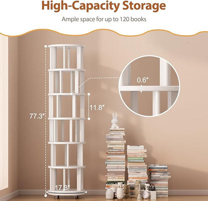 Solid Wood Rotating Bookshelf on Wheels, 6 Tier, Round Revolving Bookcase, 360° Spinning Book Shelf Tower for Kids, Narrow Rolling Bookshelves for Small Space, Corner, Bedroom, Office, White