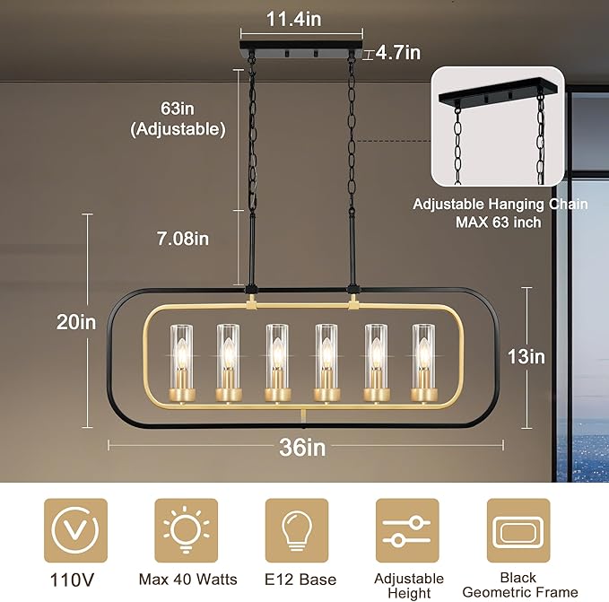 Dining Room Chandelier, 36" Modern Farmhouse Chandelier Black and Gold Dining Room Light Fixture 6-Light Kitchen Island Lights Horizontal Linear Pendant Light Fixtures with Clear Glass Shade