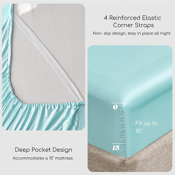 MR&HM Satin Bed Sheets, Queen Size Sheets Set, 4 Pcs Silky Bedding Set with 15 Inches Deep Pocket for Mattress (Queen, Turquoise)