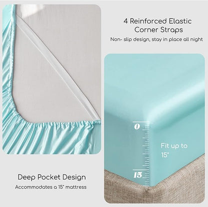 MR&HM Satin Bed Sheets, Full Size Sheets Set, 4 Pcs Silky Bedding Set with 15 Inches Deep Pocket for Mattress (Full, Turquoise)