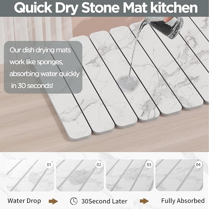 Stone Drying Mat for Kitchen Counter, White Fish Belly Stone Dish Drying Mat - Diatomite Water Absorbing Drying Stone for Kitchen Counter Mat, Quick Dry Stone Mat Kitchen for Cups Dishes Bottles.
