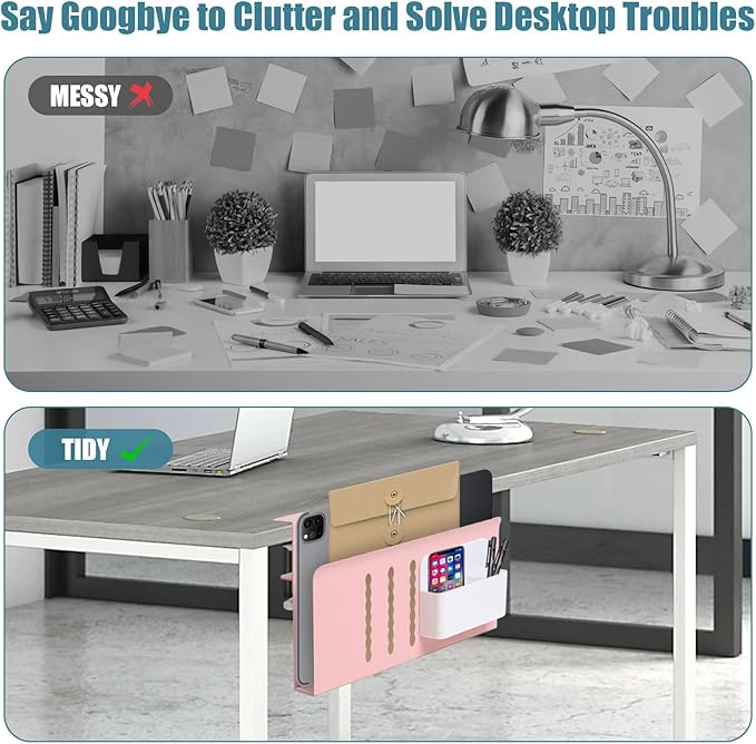 Desk Side Storage Under Desk Laptop Holder, No Drill Hanging Desk Organizer with Pen Holder, Clamp-On Table Side Desktop Organization Mount for Office and Home (Pink)