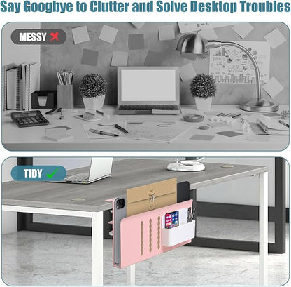 Desk Side Storage Under Desk Laptop Holder, No Drill Hanging Desk Organizer with Pen Holder, Clamp-On Table Side Desktop Organization Mount for Office and Home (Pink)