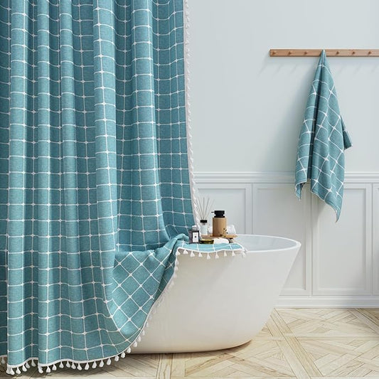 BTTN 78 Inch Long Shower Curtain, Boho Farmhouse Linen Ultra Thick Fabric Shower Curtain Set with Plastic Hooks, Tall Rustic Country Weighted Cloth Shower Curtains for Bathroom, Teal/Turquoise, 72x78