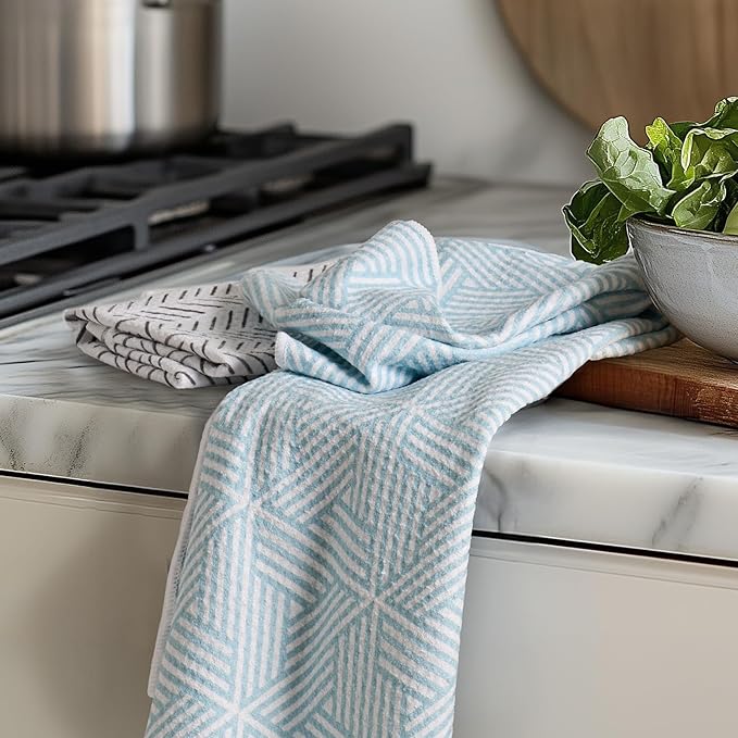 RECYCO Waffle Kitchen Towels Set of 2 Quick Dry Microfiber Sustainable Lightweight Hand Towels Modern Maze 16x28