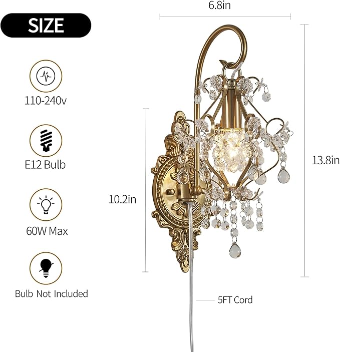 Gold Crystal Vintage Plug in Wall Sconces Set of 2 Indoor Wall Light Fixture, Modern Wall Mount Lamp Light for Bedroom Living Room Bathroom Vanity Light Hallway Light Fixture Decor LED E12