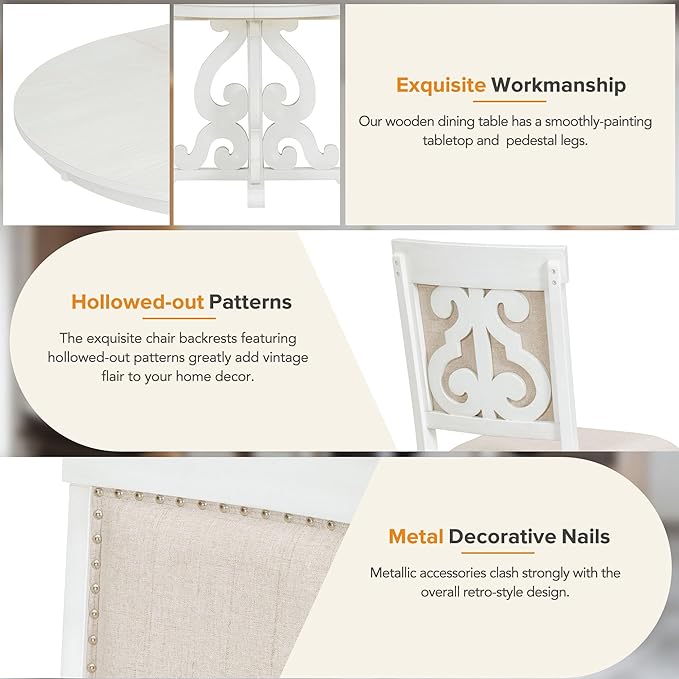 Merax Round Solid Wood Dining Table Set for 4, Farmhouse Kitchen Table Set with 4 Upholstered Chairs, 5-Piece Table and Chairs Set for Kitchen, Dining Room, Living Room, Antique White