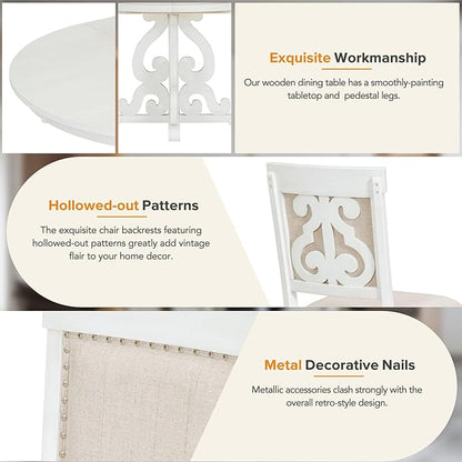 Merax Round Solid Wood Dining Table Set for 4, Farmhouse Kitchen Table Set with 4 Upholstered Chairs, 5-Piece Table and Chairs Set for Kitchen, Dining Room, Living Room, Antique White