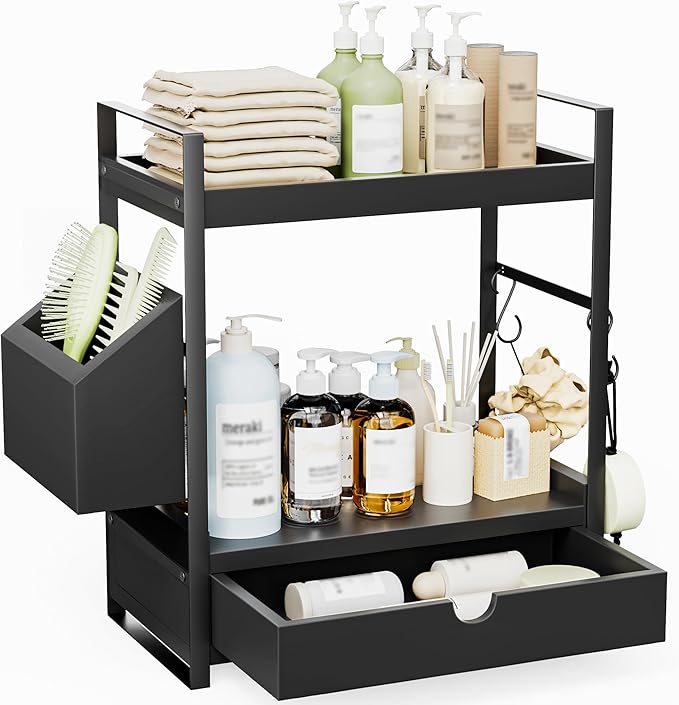 2-Tier Bathroom Counter Organizer with Drawer and Basket, Wood Countertop Organizer for Storage, Skincare Organizers for Vanity, Counter Shelf for Bathroom Organization, Black