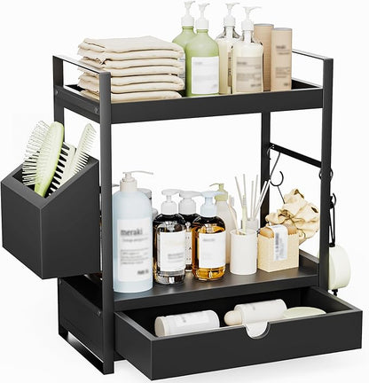 2-Tier Bathroom Counter Organizer with Drawer and Basket, Wood Countertop Organizer for Storage, Skincare Organizers for Vanity, Counter Shelf for Bathroom Organization, Black