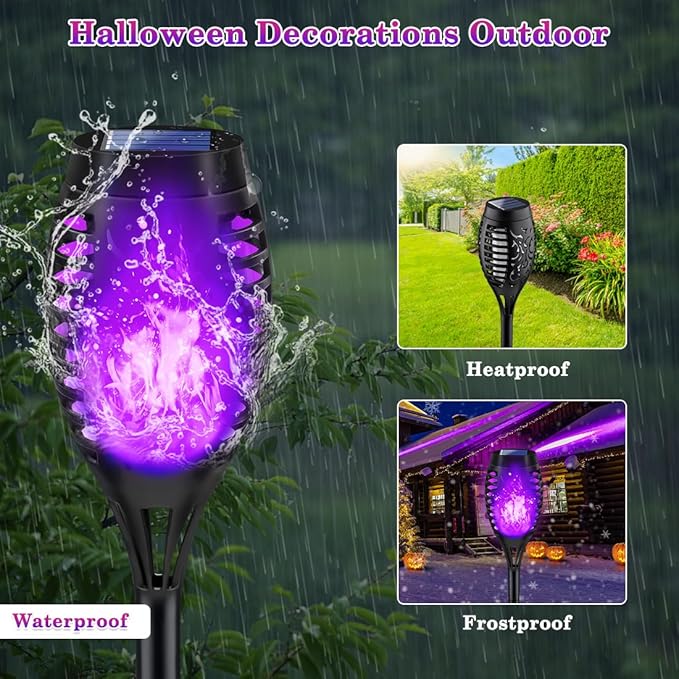 Purple Solar Halloween Lights for Halloween Decorations Outdoor, Solar Torch Lights Flickering Flame for Yard Decorations Outdoor, Waterproof LED Torch Light for Garden Pathway Party Outside Decor