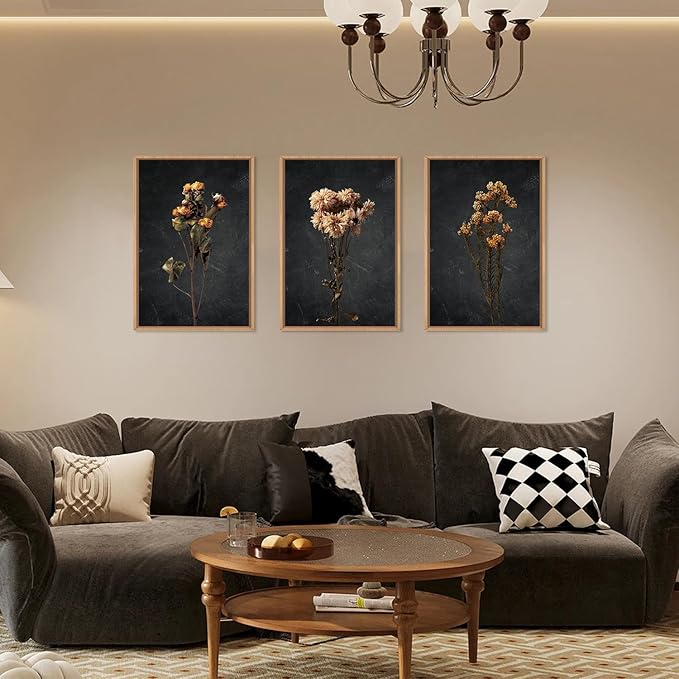 HOURIA Moody Boho Floral Framed Canvas Wall Art Set,Vintage Black Flower Wall Decor,Mid Century Minimalist Wildflower Artwork,Nature Retro Botanical Art Print for Living Room,Bedroom,Office- 24"x36"x3