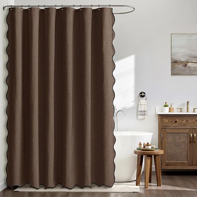 MIULEE 84" Long Scalloped Shower Curtain Linen Textured with 12 Metal Hooks Cute Extra Long Heavy Duty Washable Waterproof Cloth Shower Curtains with Black Border for Bathroom Hotel Bathtub,Brown