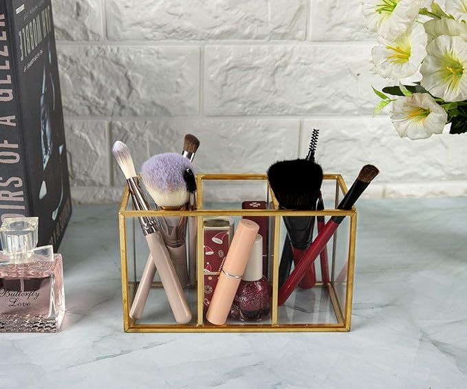 NIUBEE Acrylic Pen Holder 3 Compartments, Gold Pencil Organizer Cup for Countertop Desk Accessory Storage