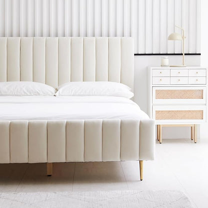 Livinia Twin Size Elton Velvet Platform Bed, Upholstered Bed Frame with Vertical Channel Tufted Headboard Footboard, Strong Wood Slats, No Box Spring Needed, Ivory (Twin)