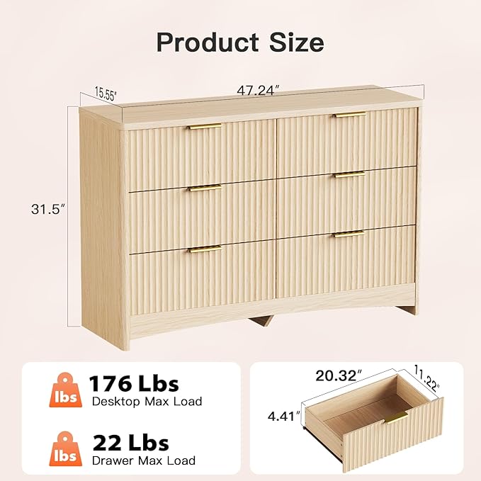 Pipishell Fluted 6 Drawers Dresser for Bedroom, 47" Wooden Drawers with Metal Handle, Dressers with Round Corner Design, Closet Storage Organizer for Bedroom, Hallway, Natural Oak