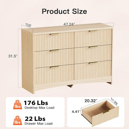 Pipishell Fluted 6 Drawers Dresser for Bedroom, 47" Wooden Drawers with Metal Handle, Dressers with Round Corner Design, Closet Storage Organizer for Bedroom, Hallway, Natural Oak