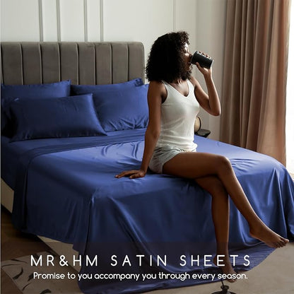 MR&HM Satin Bed Sheets, King Size Sheets Set, 6 Pcs Silky Bedding Set with 15 Inches Deep Pocket for Mattress (King, Navy Blue)