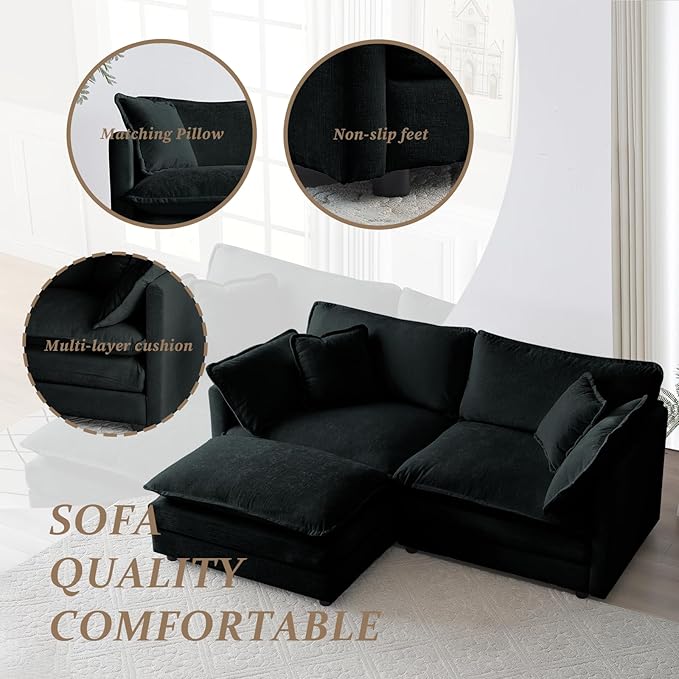SoarFlash Chenille Sectional Sofa, Comfy L Shaped Modular Coush Sofa with Ottoman, Modern 2 Seat Couch Deep Seat Sofa Set for Living Room,Black