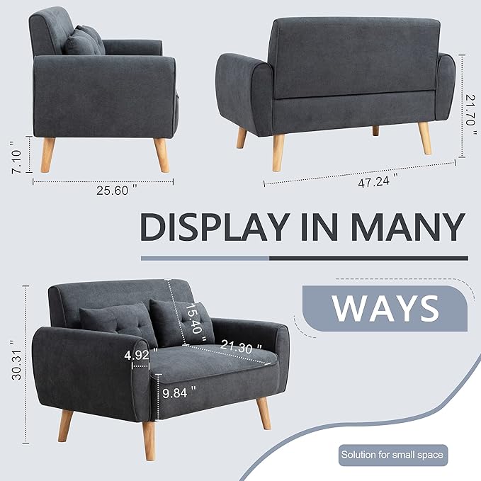 Shintenchi Small Modern Loveseat Couch Sofa, Mid Century Fabric Upholstered 2-Seat Sofa Couch Love Seats, Dark Grey