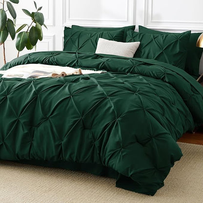 CozyLux California King Comforter Set Emerald Green - 7 Pieces Cal King Pintuck Bed in A Bag Gift for Family, Pinch Pleat Bedding Sets with All Season Comforter, Sheets, Pillowcases & Shams