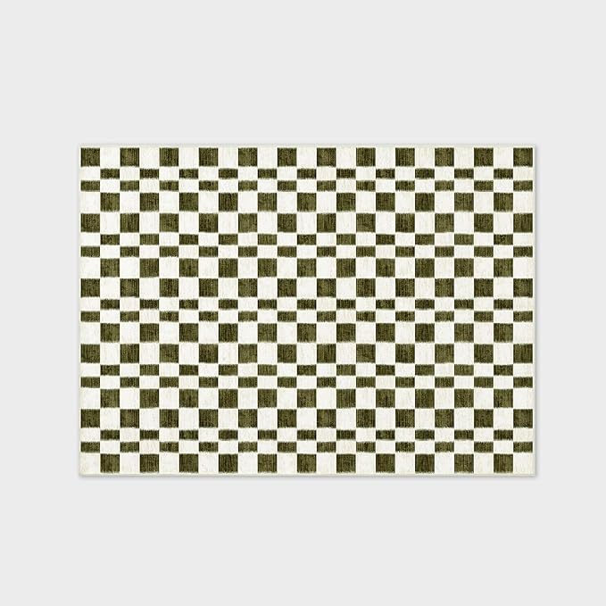 EVERGRACE Checkered Plaid Area Rug 5x7, Soft Faux Wool, Washable Christmas & Holiday Rug for Living Room, Bedroom, Hallway, Kitchen, Dining Room and Laundry, Olive Green