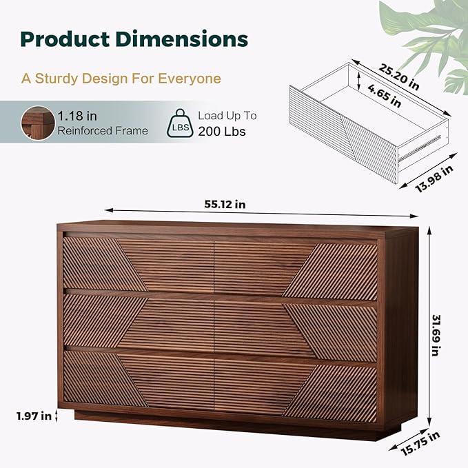 55.12" Modern Chest of Drawer, 6 Deep Drawers,Clothes Organizer,Large Storage Cabinet for Living Room, Bedroom,Dresser TV Stand, Wood Drawer Organizer for Living Room, Hallway, Walnut