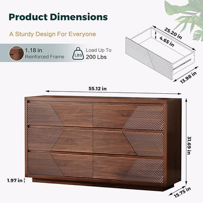 55.12" Modern Chest of Drawer, 6 Deep Drawers,Clothes Organizer,Large Storage Cabinet for Living Room, Bedroom,Dresser TV Stand, Wood Drawer Organizer for Living Room, Hallway, Walnut