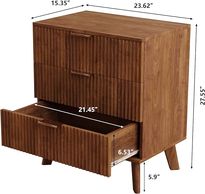 Fluted 3 Drawer Dressers, Modern Closet Dressers Chest of Drawers, Wood Storage Dresser Chest of Drawers Organizer for Bedroom Living Room Hallway Closet(Walnut)