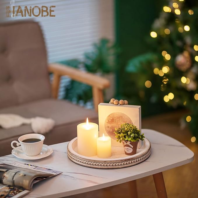 Hanobe Decorative Serving Tray Wood: White Washed Bead Round Tray Decor for Rustic Wooden Trays Farmhouse Centerpiece for Living Room Kitchen Counter