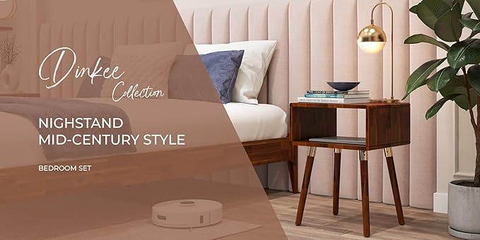 Bme Dinkee Solid Wood Bedside Table Without Drawer for Mid Century Bedroom and Living Room, Dark Chocolate