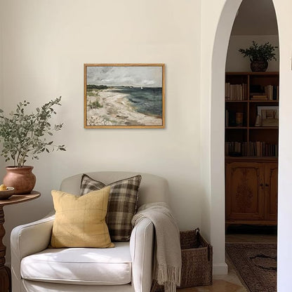 KBKBART Vintage Wall Art, Retro Coastal Seaside Beach House Framed Canvas Art Prints Painting Farmhouse Decor, Rustic Impressionism Scenic Landscape Wall Decor for Bathroom, Bedroom Living Room,