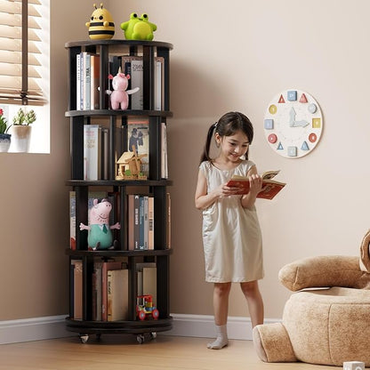 Solid Wood Rotating Bookshelf on Wheels, 4 Tier, Round Revolving Bookcase, 360° Spinning Book Shelf Tower for Kids, Narrow Rolling Bookshelves for Small Space, Corner, Bedroom, Office, Black