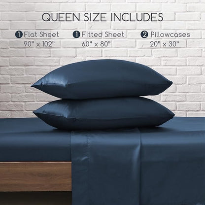 MR&HM Satin Bed Sheets with Elastic Corner Straps, Queen Size Sheets Set, 4 Pcs Silky Bedding Set with 15 Inches Deep Pocket for Mattress (Queen, Mood Indigo)