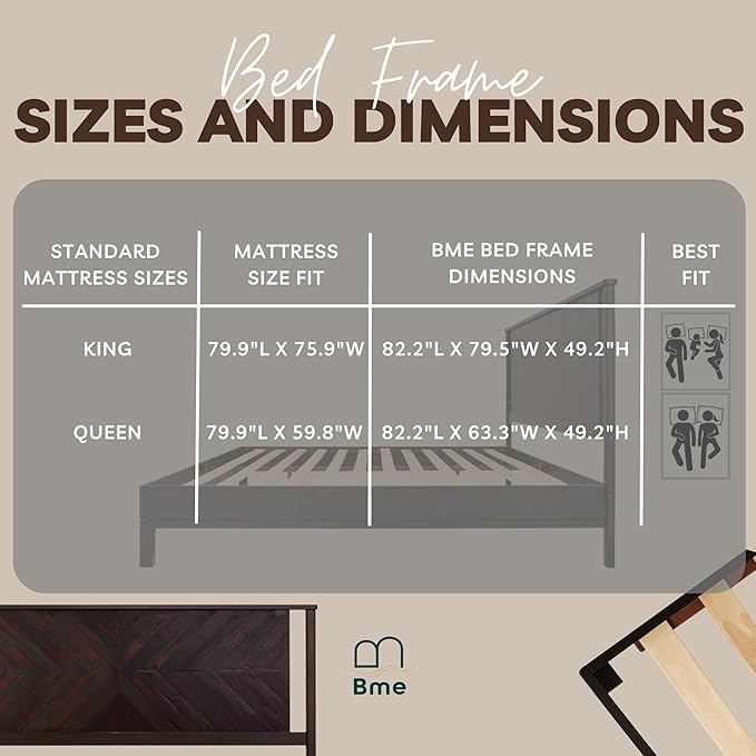 Bme Vivian 14 Inch Deluxe Bed Frame with Headboard, Rustic & Scandinavian Style with Solid Acacia Wood, No Box Spring Needed, 12 Strong Wood Slat Support, Easy Assembly, King, Rustic Black