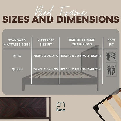 Bme Vivian 14 Inch Deluxe Bed Frame with Headboard, Rustic & Scandinavian Style with Solid Acacia Wood, No Box Spring Needed, 12 Strong Wood Slat Support, Easy Assembly, King, Rustic Black